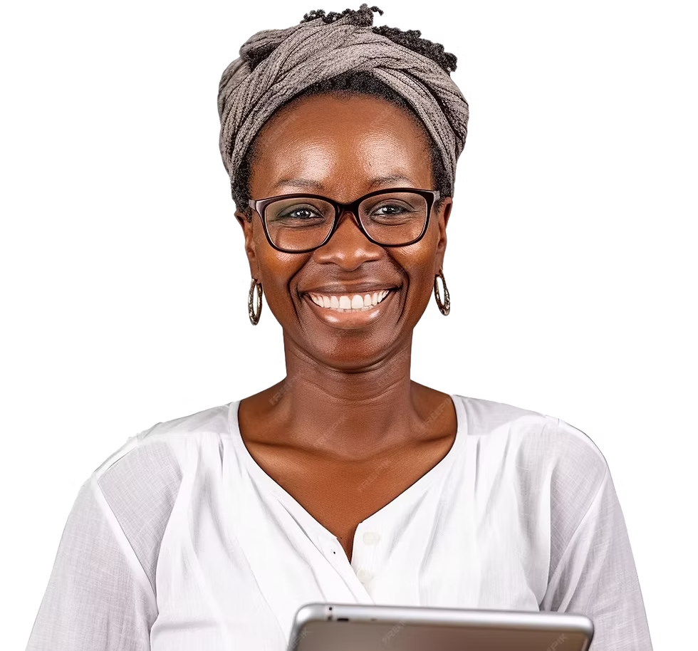 Smiling person with headwrap and glasses